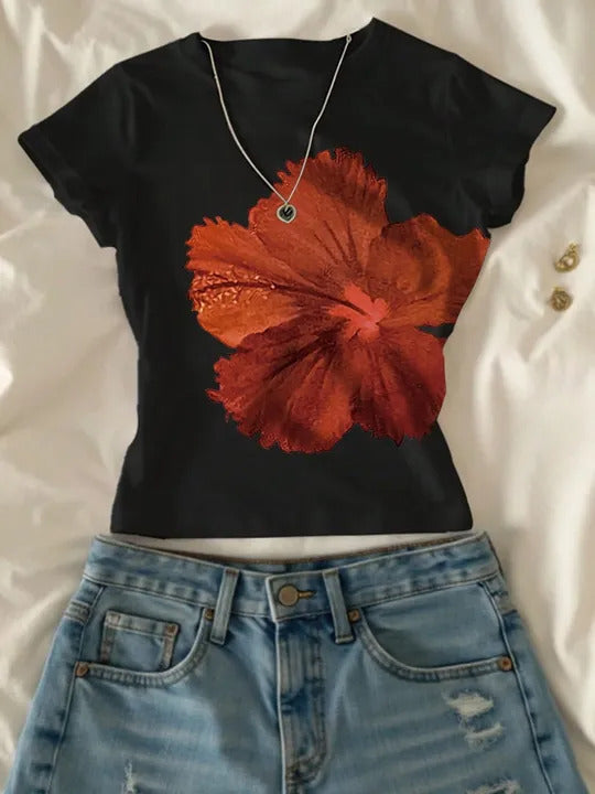 Floral crop top round neck short sleeve fitted black tee with orange hibiscus flower print