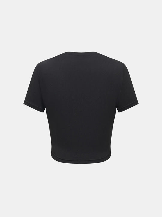 Floral crop top round neck short sleeve fitted black tee with orange hibiscus flower print