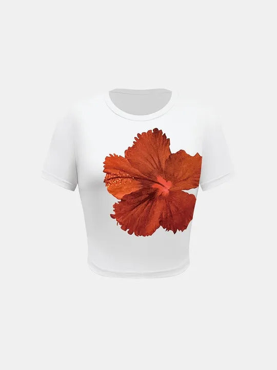 Floral crop top round neck short sleeve fitted white tee with orange hibiscus flower print
