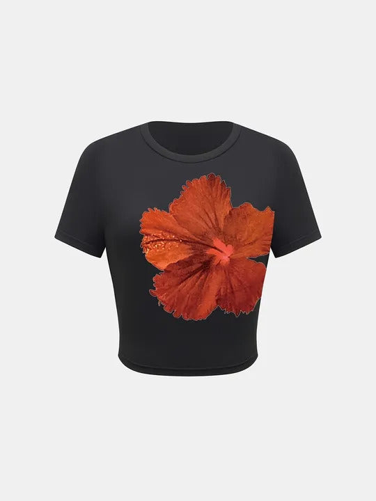 Floral crop top round neck short sleeve fitted black tee with orange hibiscus flower print
