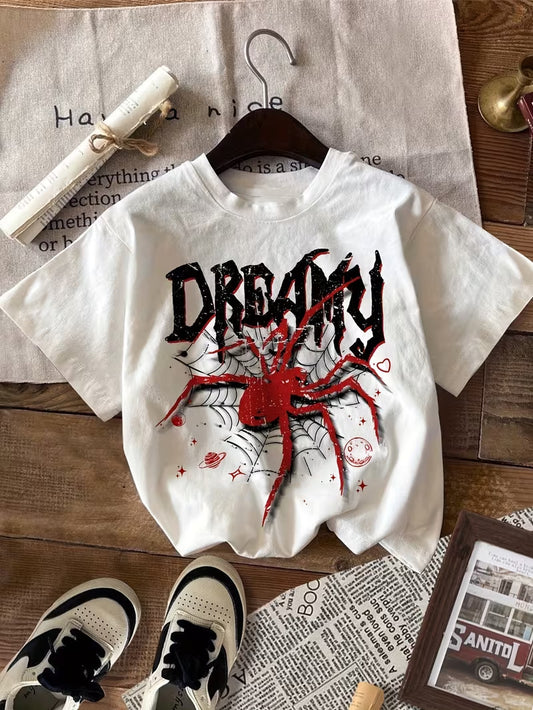 Crew neck t shirt for women in white with gothic red spider web graphic front print