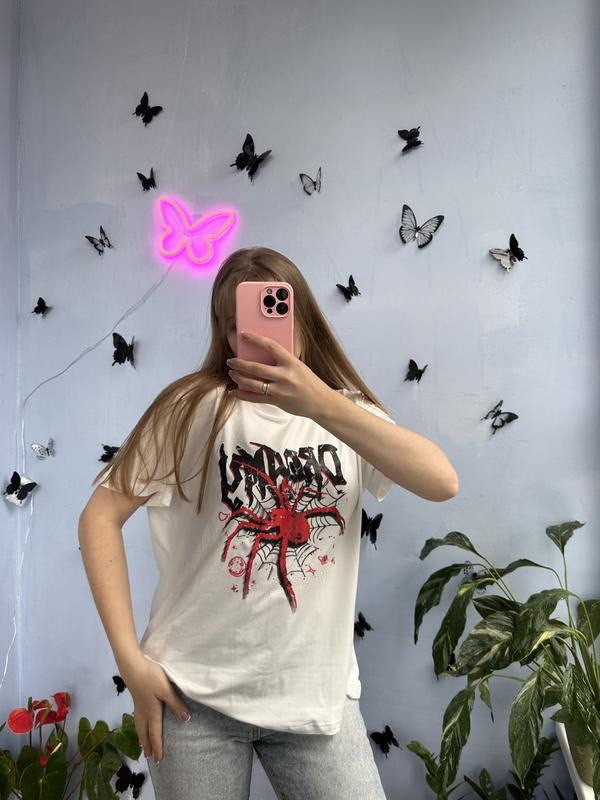 Crew neck t shirt for women in white with gothic red spider web graphic front print