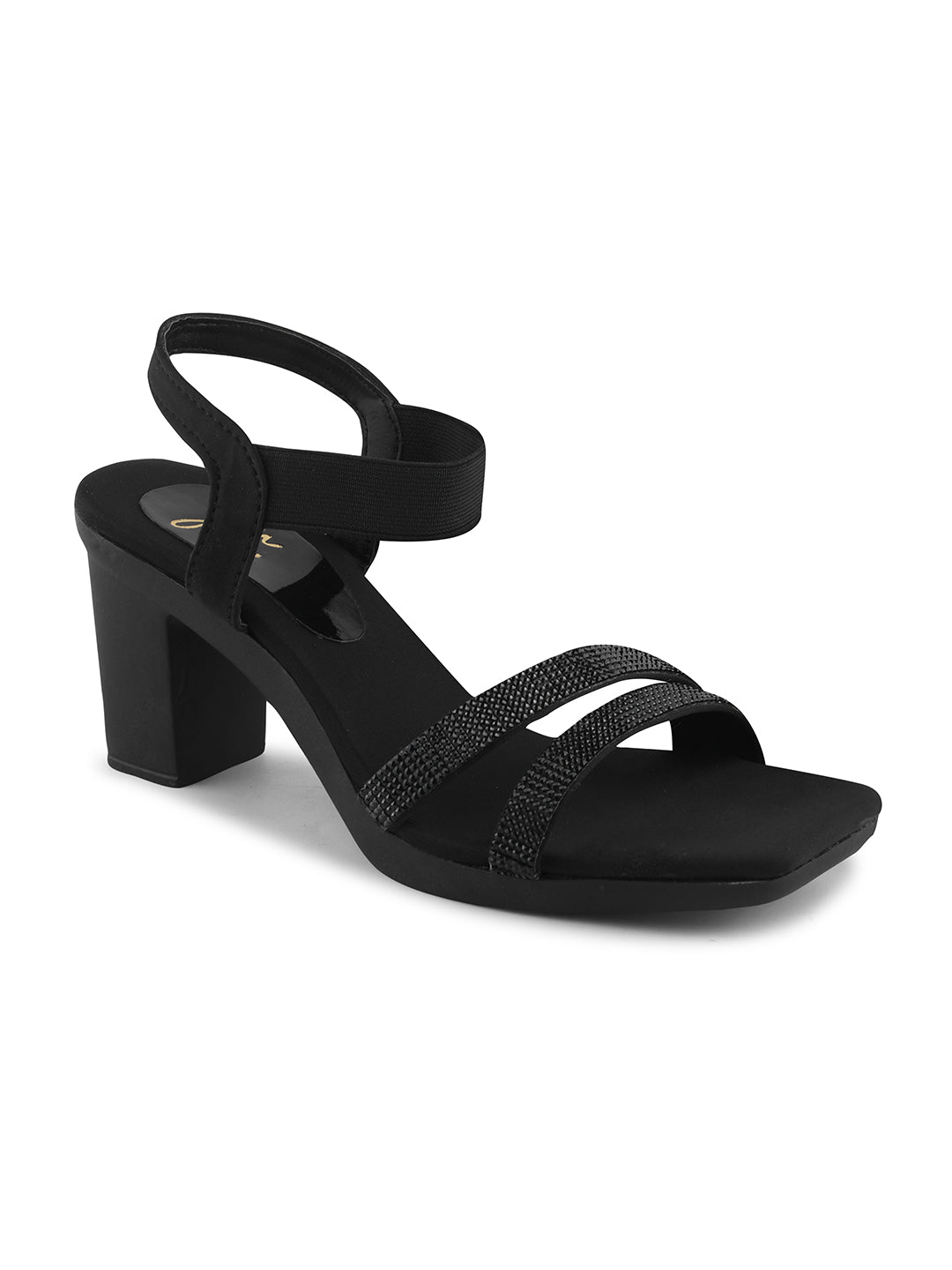 women's block heel sandals with shimmering embellished straps and an ankle strap
 Black
