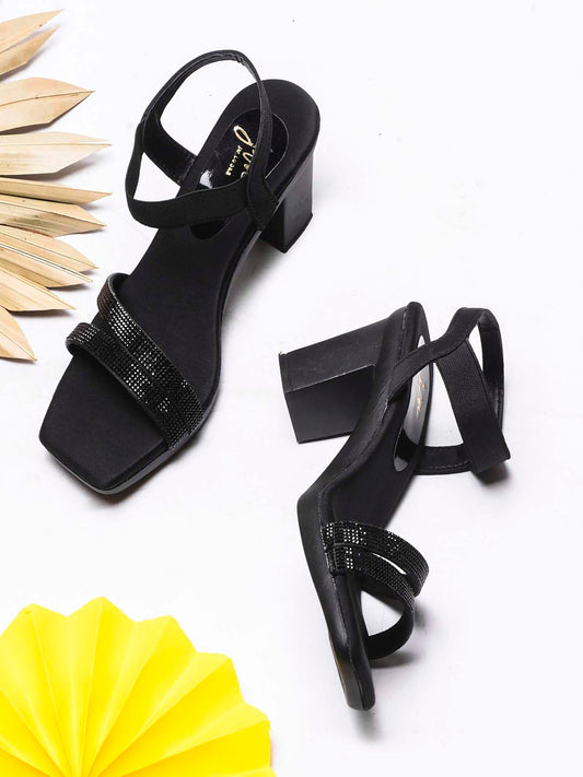 women's block heel sandals with shimmering embellished straps and an ankle strap
 Black