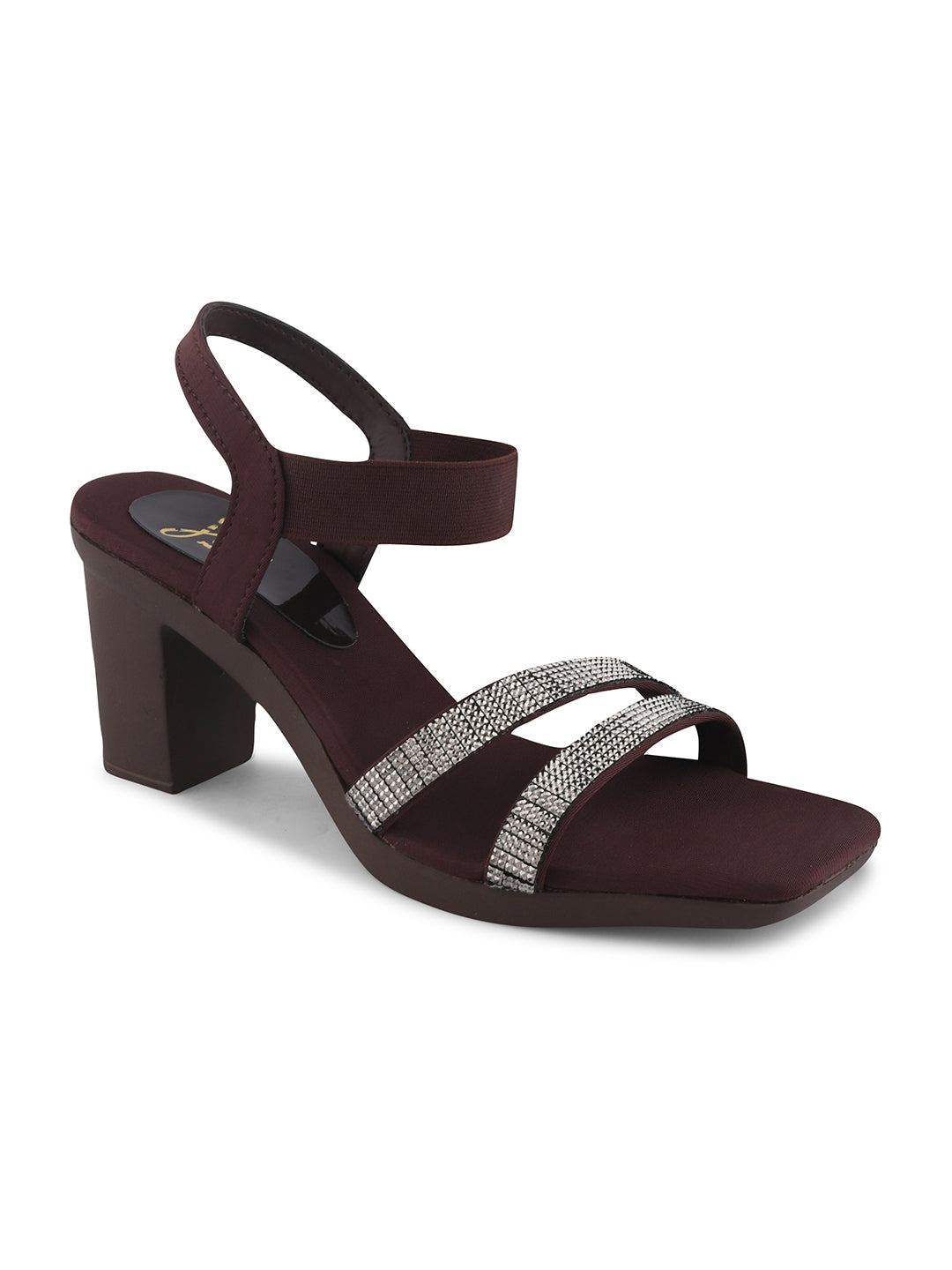 women's block heel sandals with shimmering embellished straps and an ankle strap
 Brown