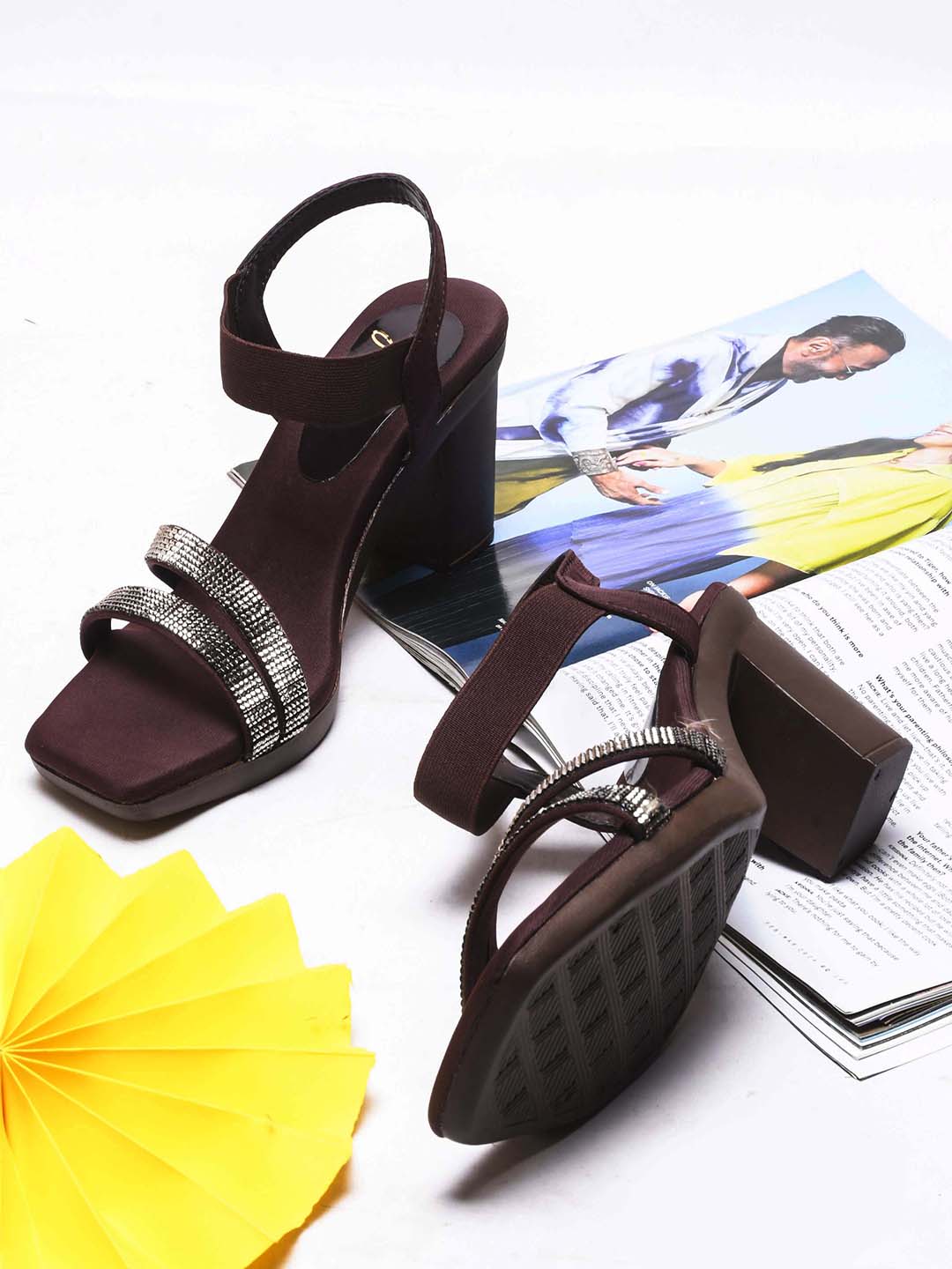 women's block heel sandals with shimmering embellished straps and an ankle strap
 Brown
