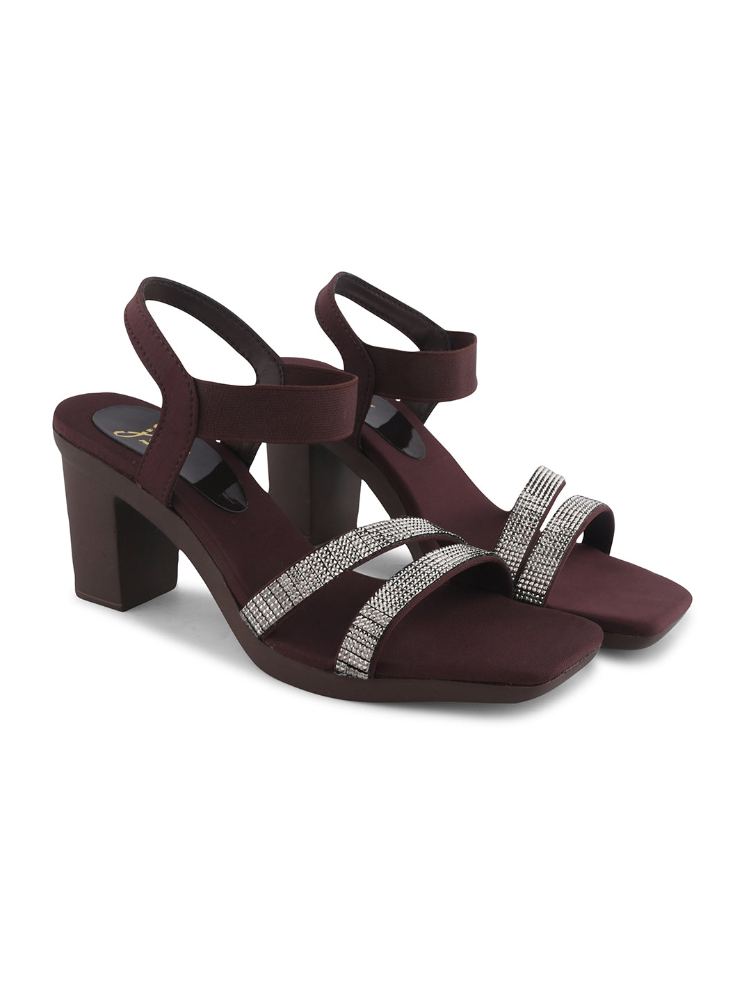 women's block heel sandals with shimmering embellished straps and an ankle strap
 Brown