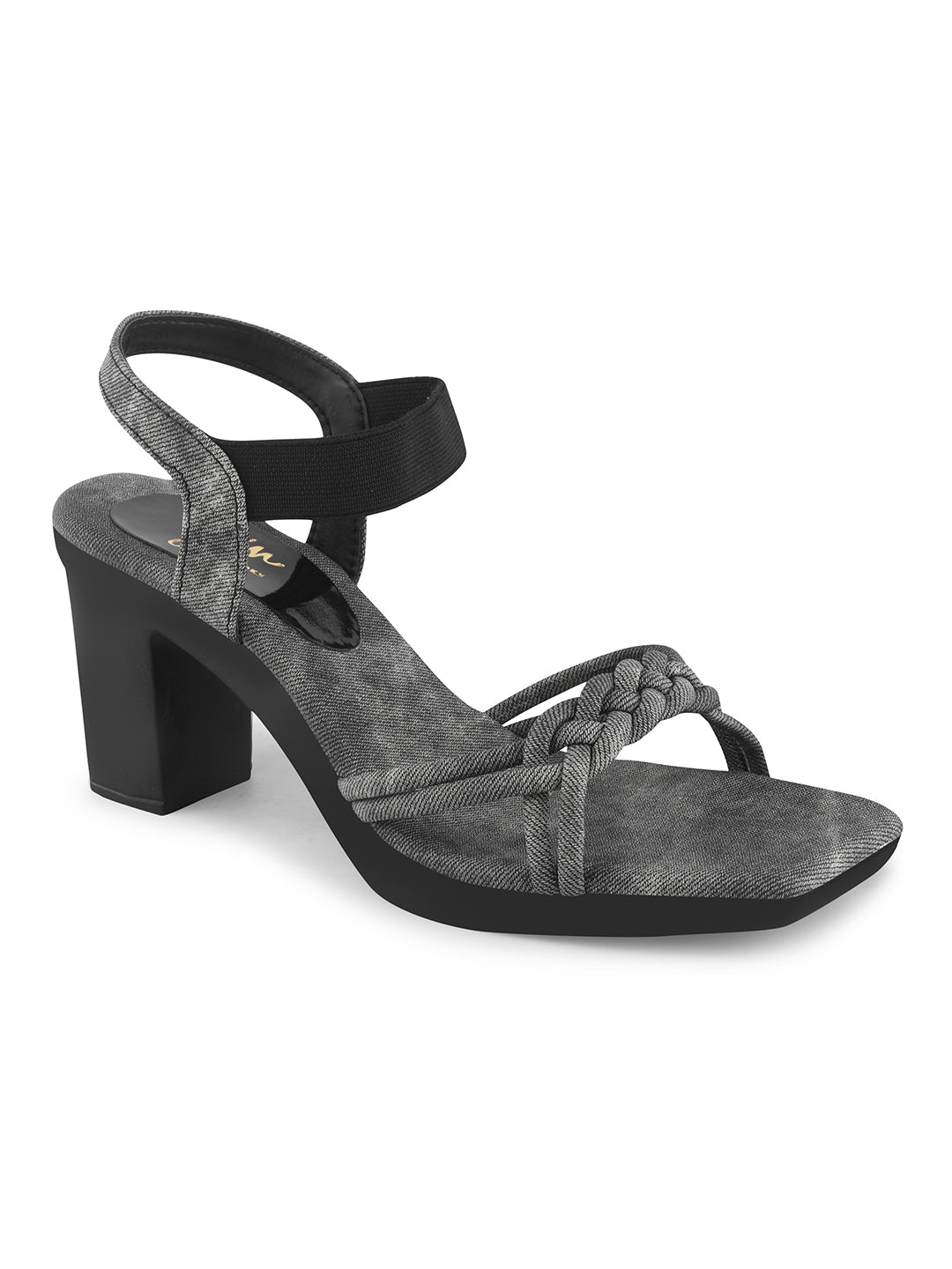 women's block heel sandals with intricate knotted and braided strap details
 Black