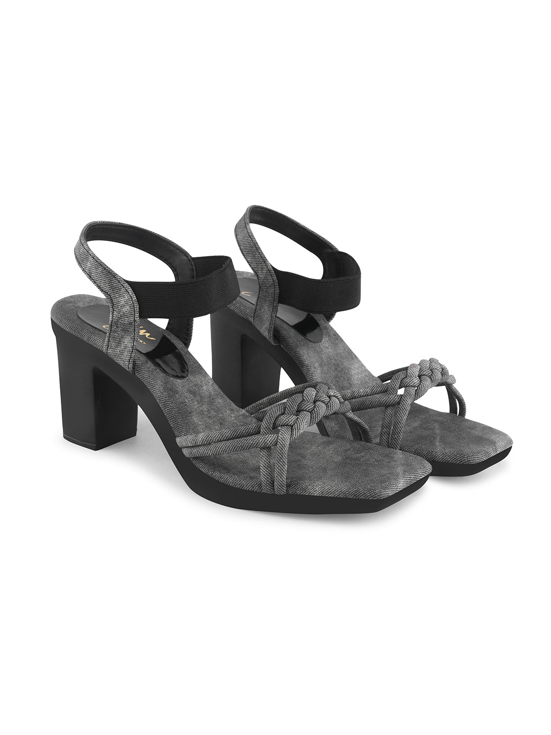 women's block heel sandals with intricate knotted and braided strap details
 Black