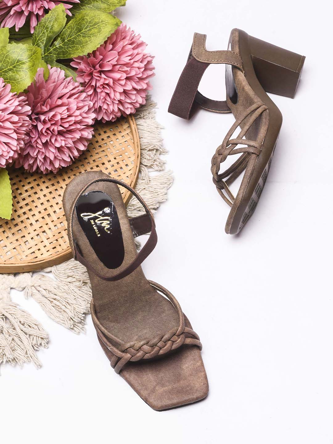 women's block heel sandals with intricate knotted and braided strap details
 Brown