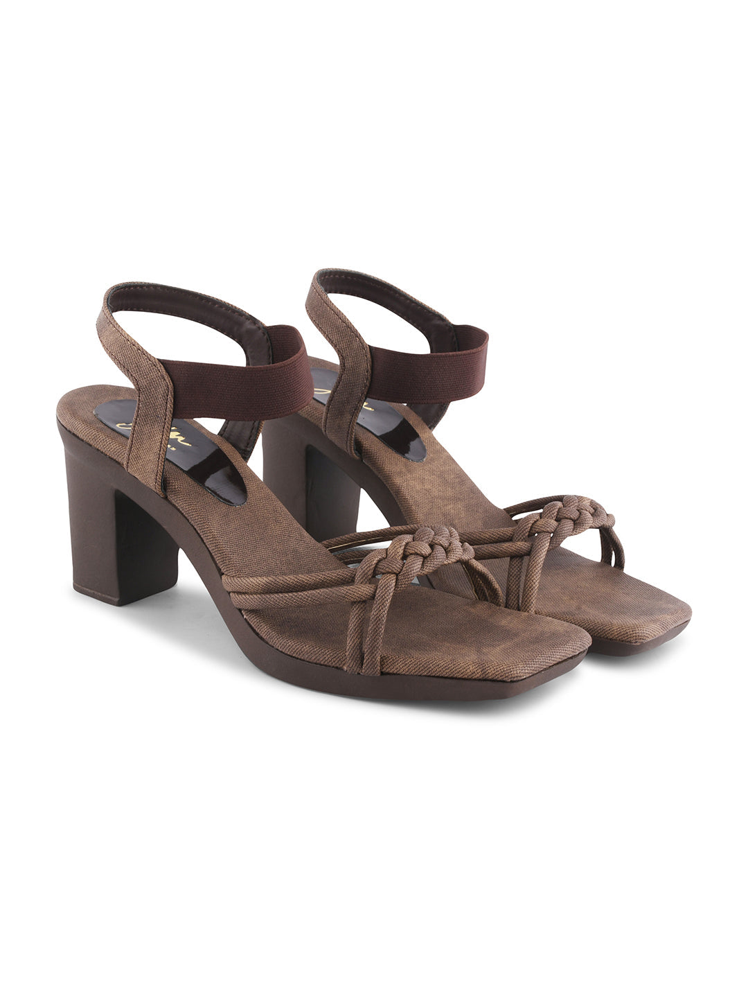 women's block heel sandals with intricate knotted and braided strap details
 Brown