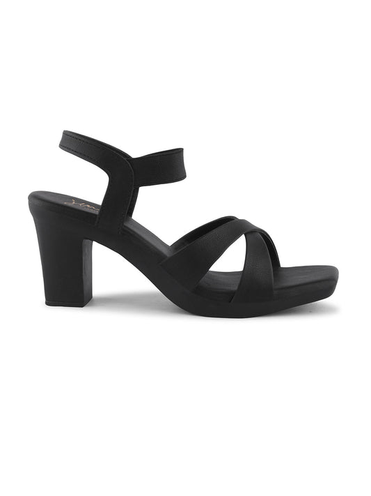 sandals with multiple straps and a unique sculpted block heel
 Black