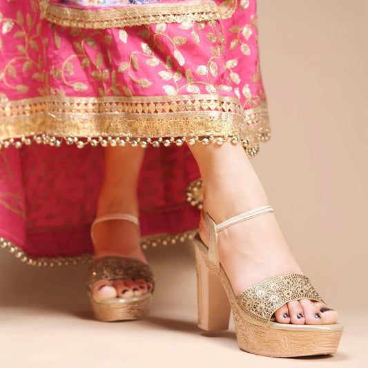 JM Looks Golden Ethnic Wedge Sandals | Embroidered Festive Footwear sultan