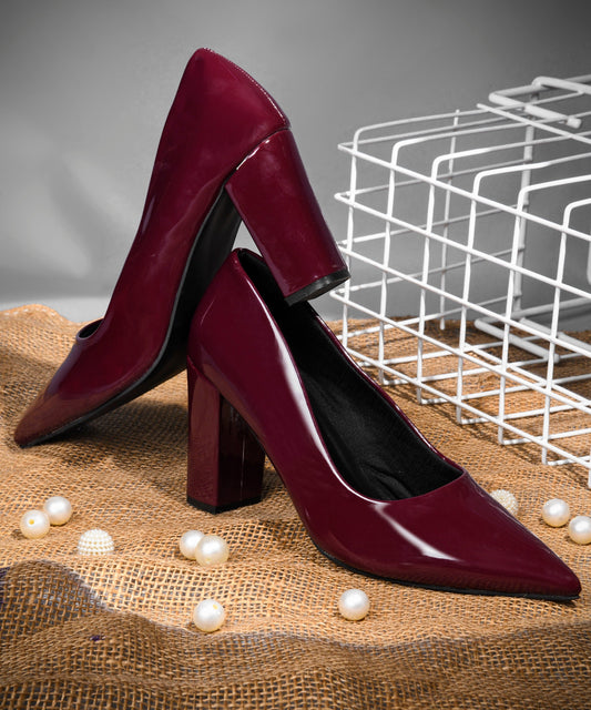 Cherry Women’s Patent Pointed Toe Block Heel Pumps with Glossy Finish