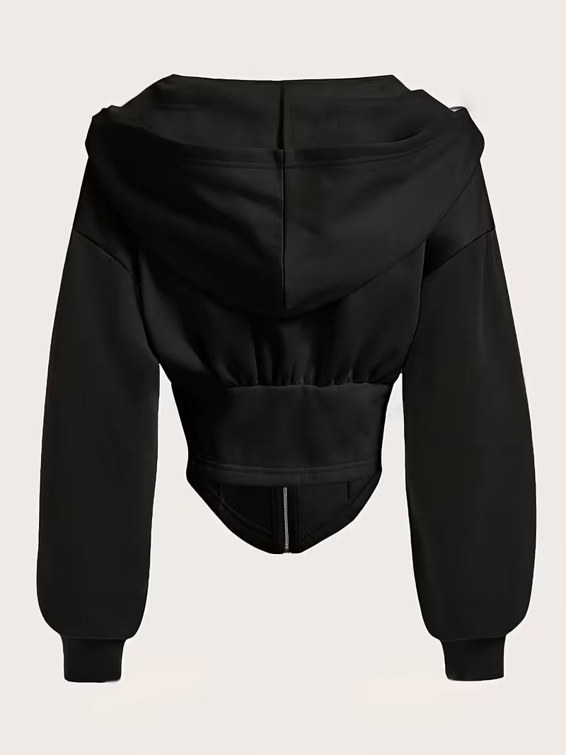 Crop hoodie for women in black with full zip, corset hem, long sleeves and slim fit