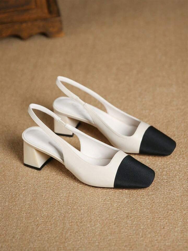 slingback square toe pumps with a textured front and a block heel
 White