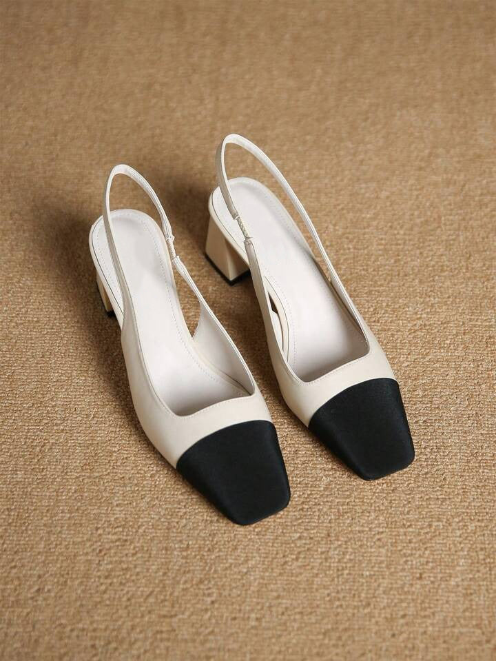 slingback square toe pumps with a textured front and a block heel
 White