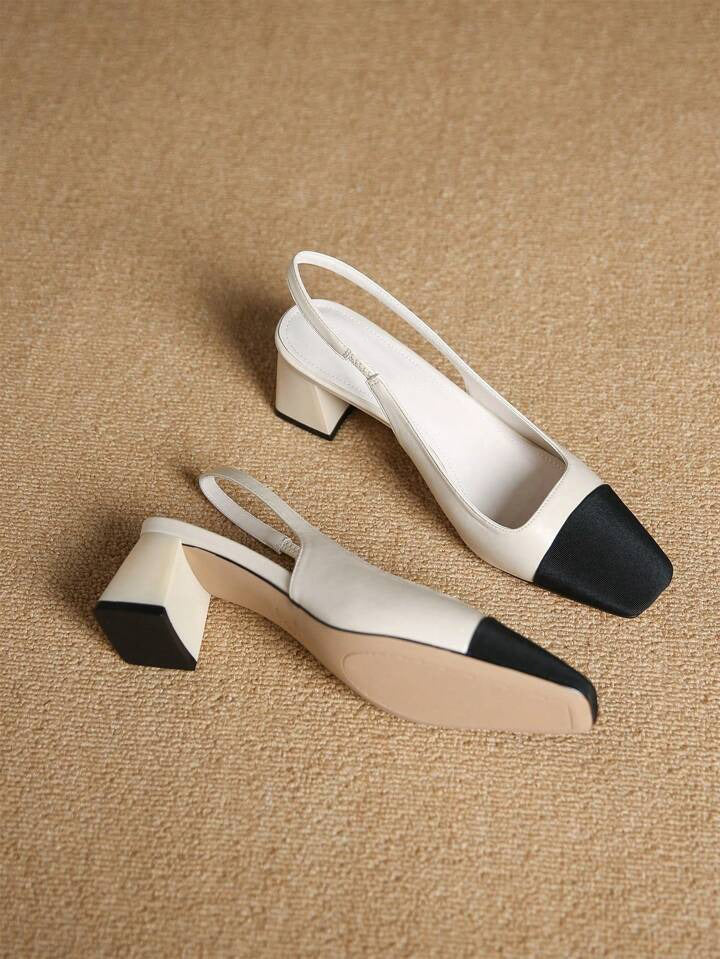 slingback square toe pumps with a textured front and a block heel
 White
