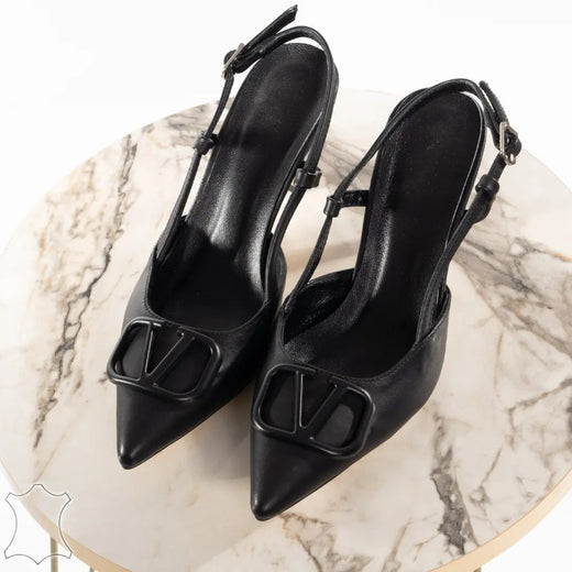 Typographic Applique Slingback Kitten Heels | Women's & Girls' Fashion Black