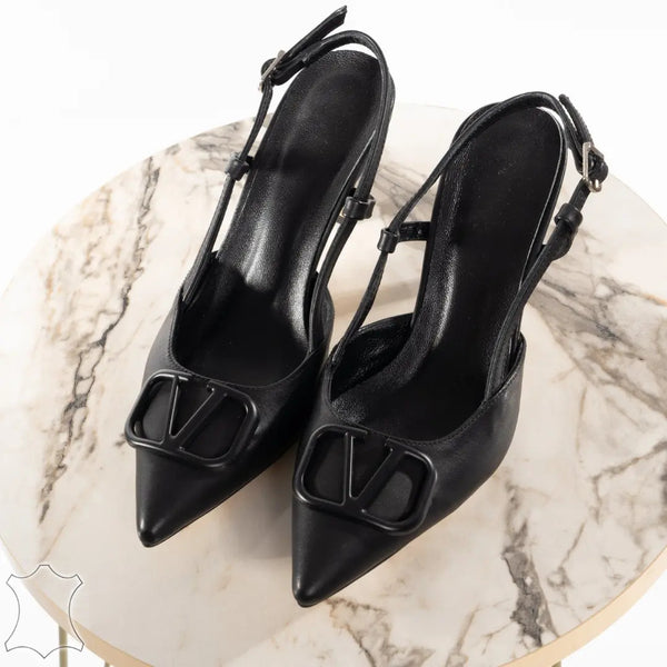Typographic Applique Slingback Kitten Heels | Women's & Girls' Fashion Black