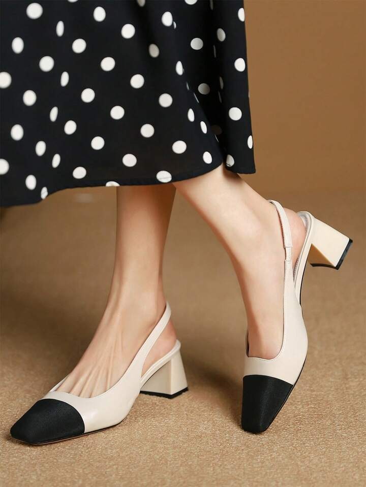 slingback square toe pumps with a textured front and a block heel
 White