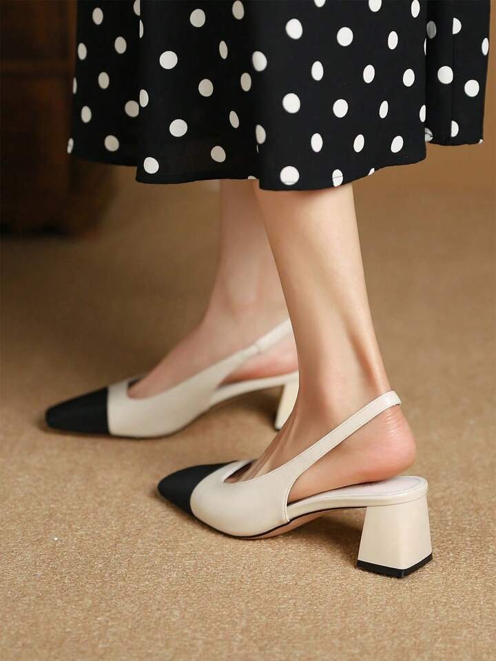 slingback square toe pumps with a textured front and a block heel
 White
