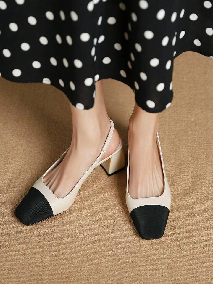 slingback square toe pumps with a textured front and a block heel
 White