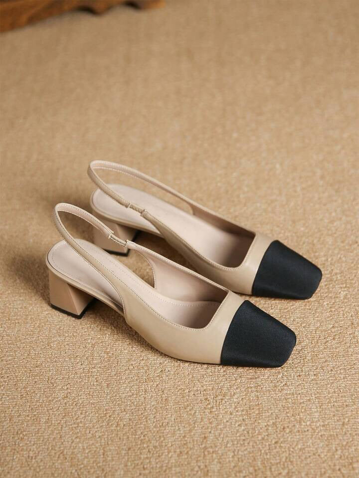 slingback square toe pumps with a textured front and a block heel
 Beige