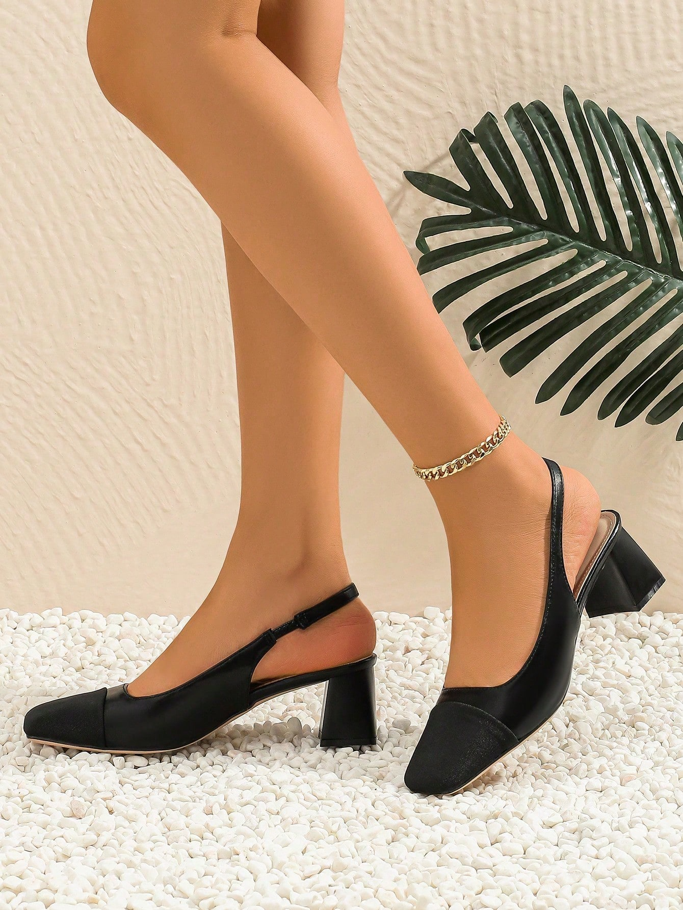 slingback square toe pumps with a textured front and a block heel
 Black