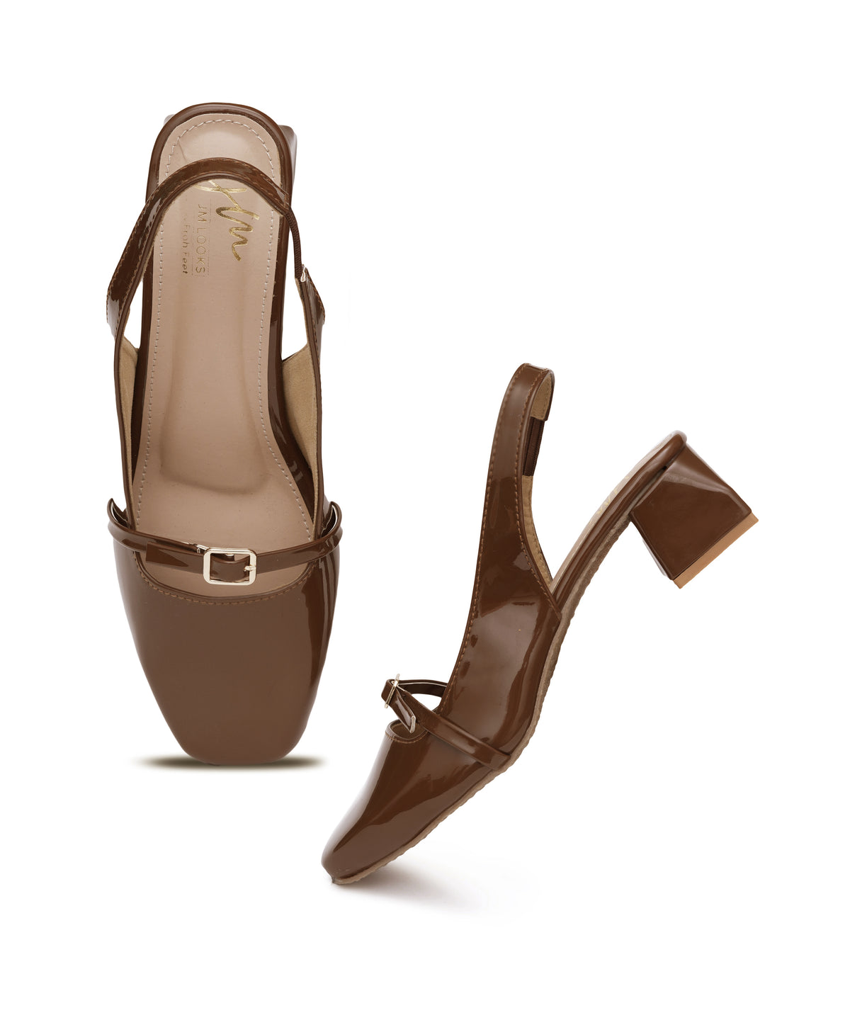 JM LOOKS Square Toe Slingback Block Heel Sandals with Buckle Accent