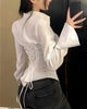 Women's Lace-Up Back Corset Blouse with Flared Bell Sleeves | JM Looks in White / XS