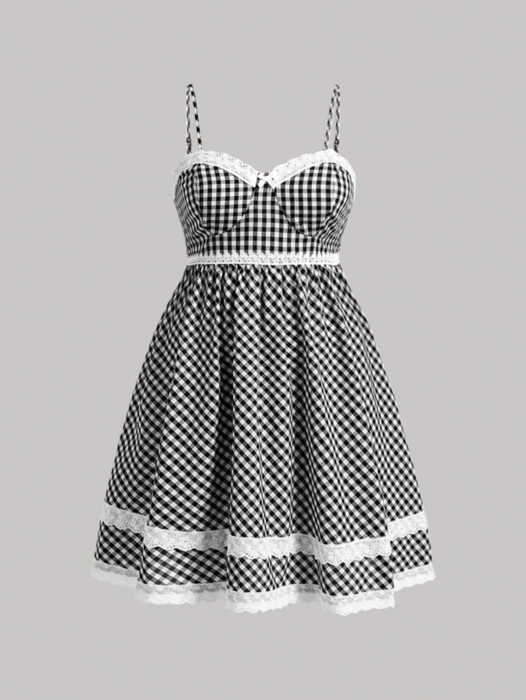 Black gingham lace trim mini dress with sweetheart neckline, bow detail, adjustable straps, and scalloped hem