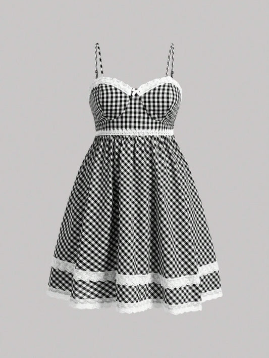 Black gingham lace trim mini dress with sweetheart neckline, bow detail, adjustable straps, and scalloped hem