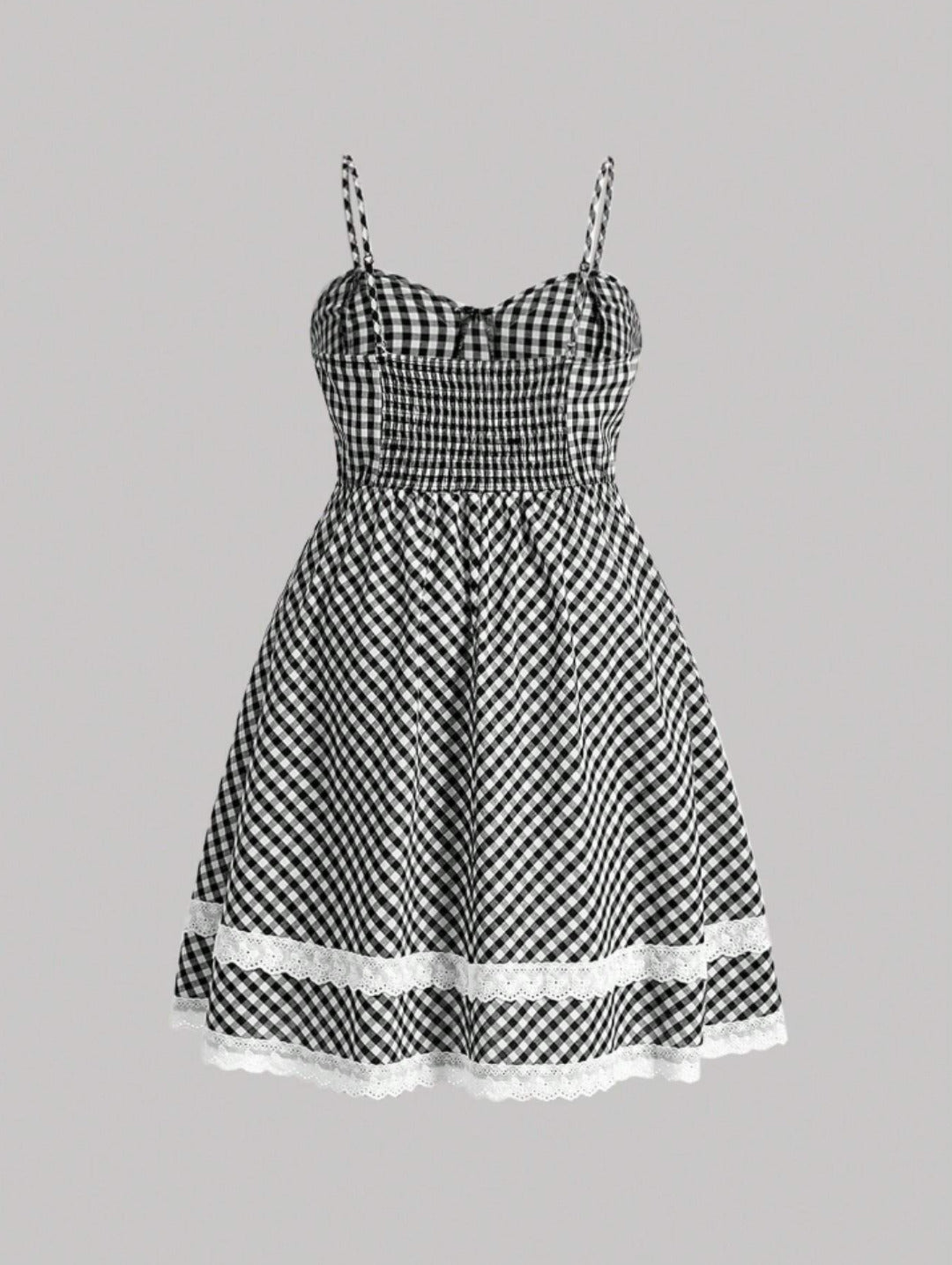 Black gingham lace trim mini dress with sweetheart neckline, bow detail, adjustable straps, and scalloped hem