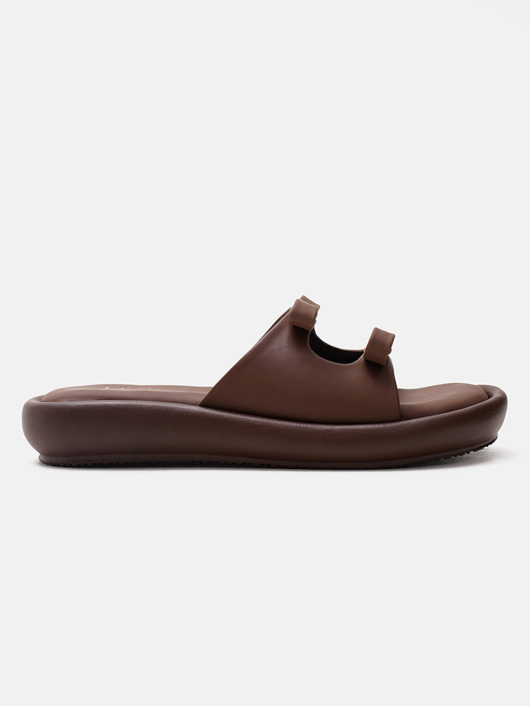 JM Looks slide sandals featuring multiple bow details on the wide straps and a flat sole
 Brown