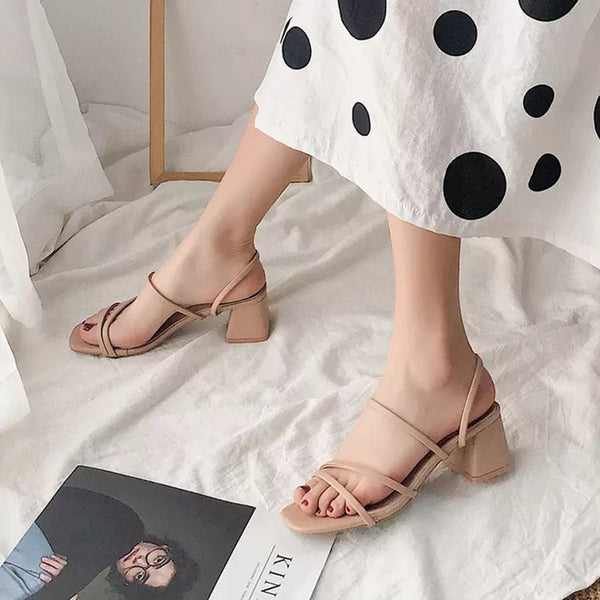 Women's Strappy Slingback Chunky Heeled Sandals at JM LOOKS Tan