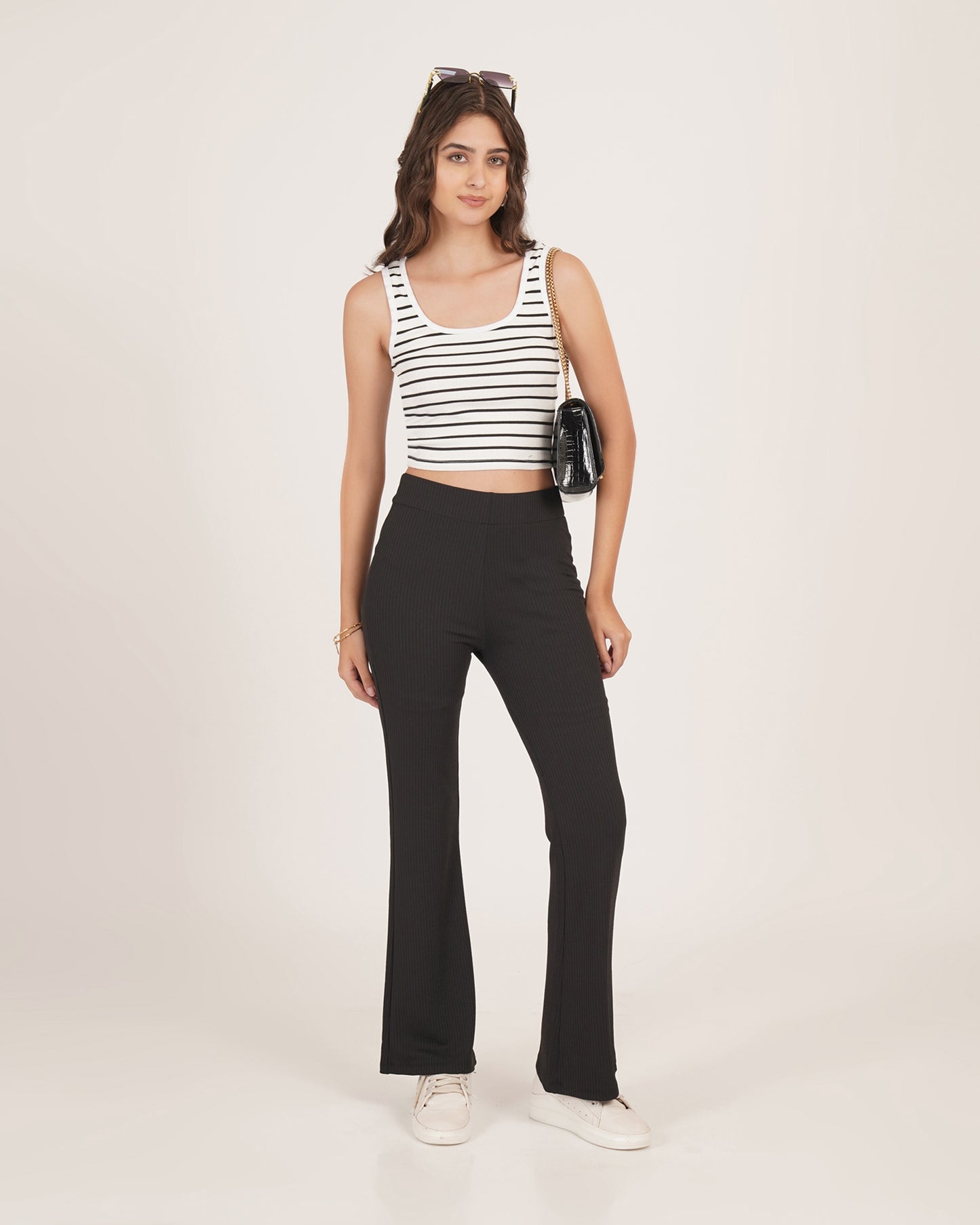 Elastic Waist Ribbed Flare Pants