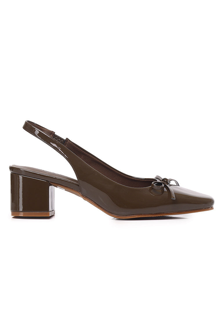 Women's brown patent Mary Jane slingback block heels with bow detail, square toe and chunky heel.