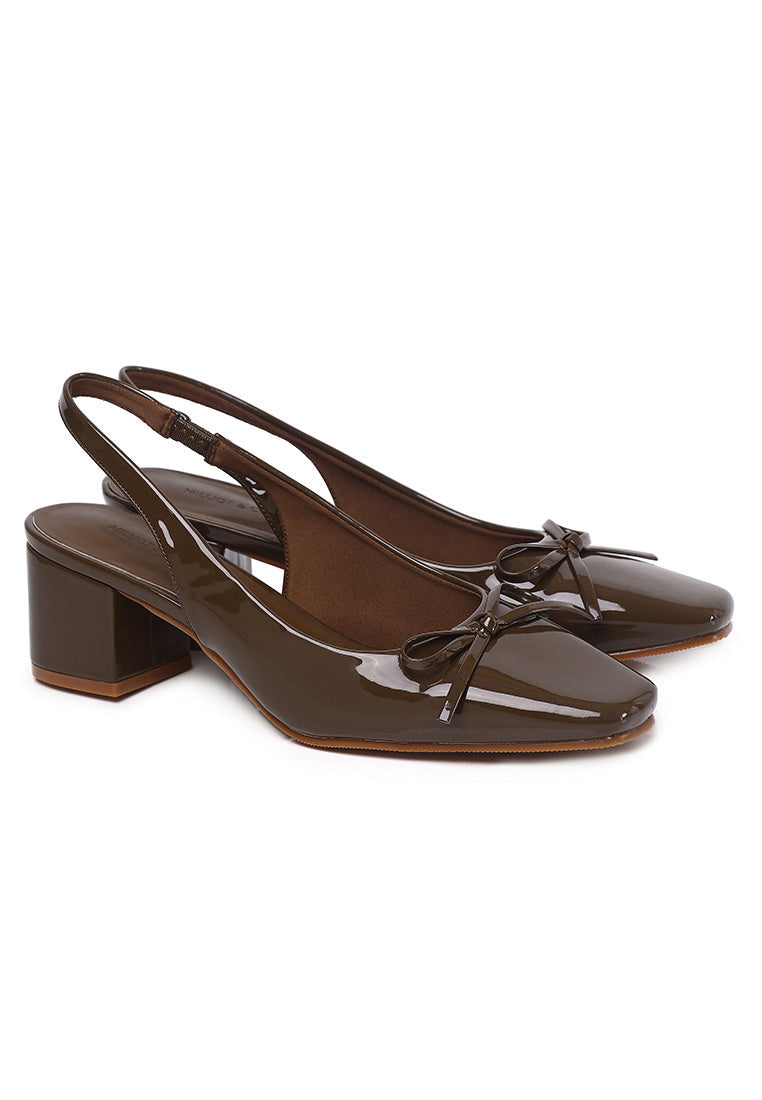 Women's brown patent Mary Jane slingback block heels with bow detail, square toe and chunky heel.