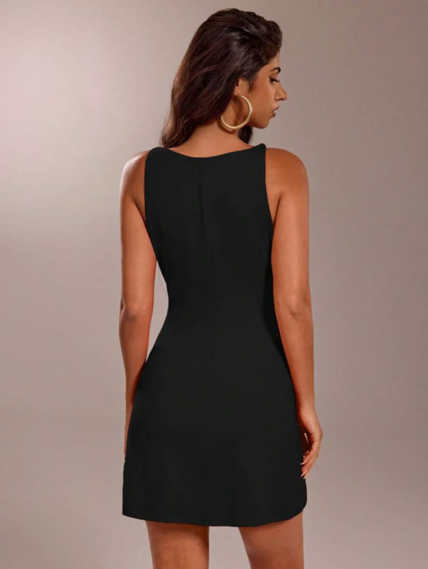 Black bodycon mini dress with high boat neckline, sleeveless fit and curved hemline