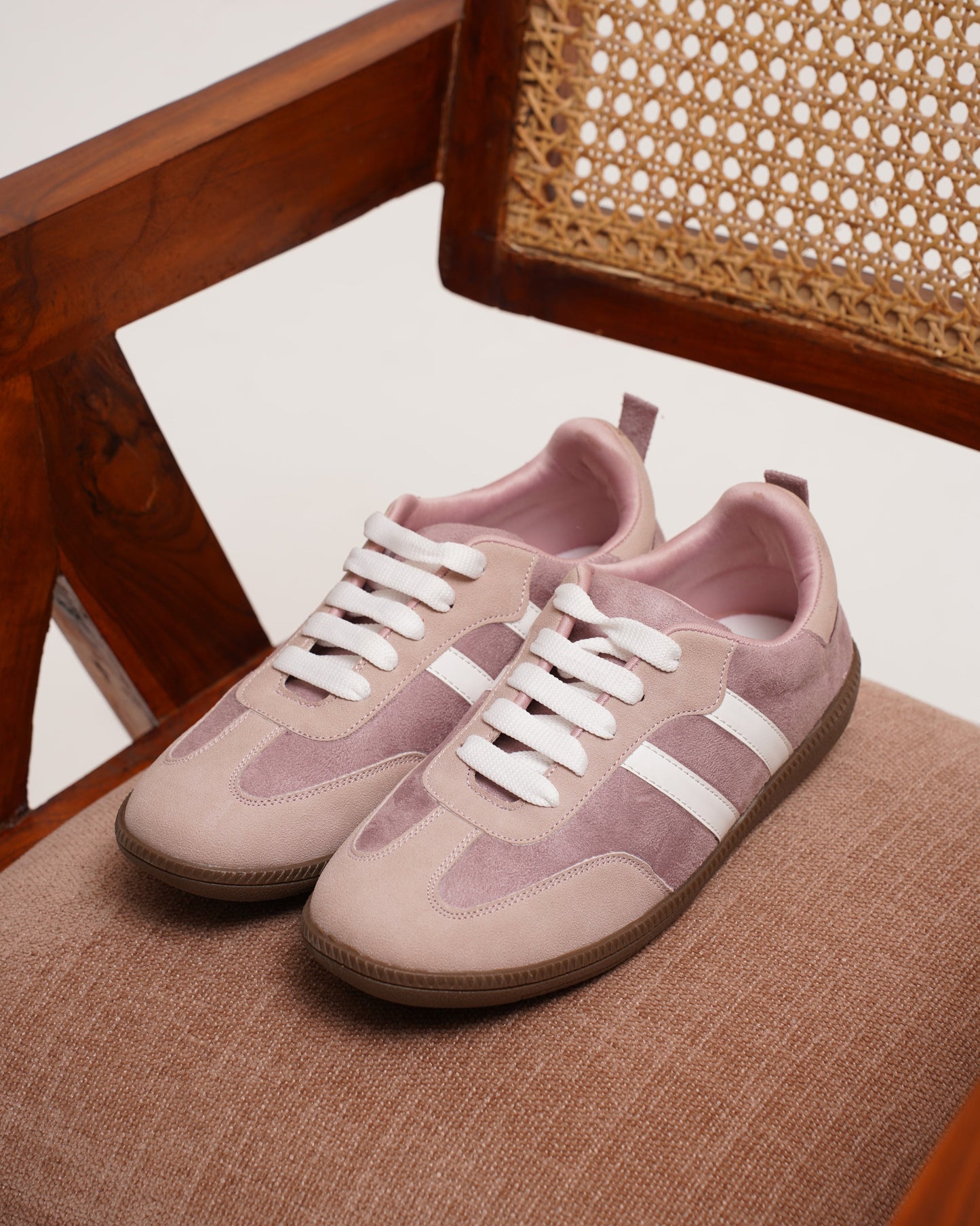 JM Looks Peach suede lace-up sneakers with side stripes and gum sole for women