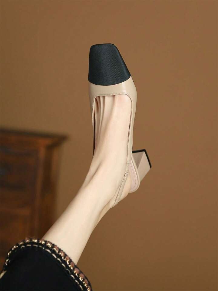 Sling back multi color beige heel sandals with beige upper, black square cap toe, women