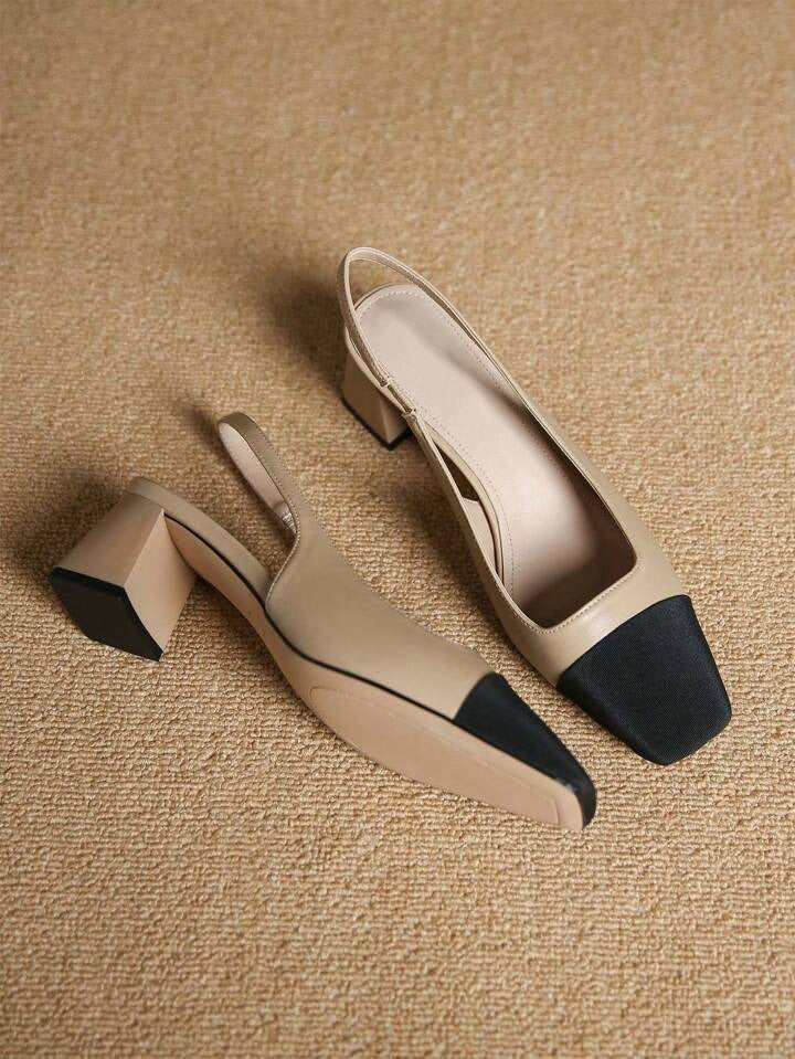 Sling back multi color beige heel sandals with beige upper, black square cap toe, women