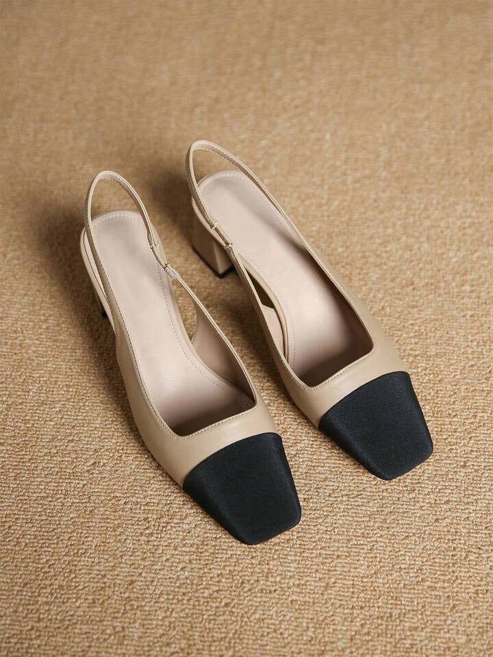 Sling back multi color beige heel sandals with beige upper, black square cap toe, women