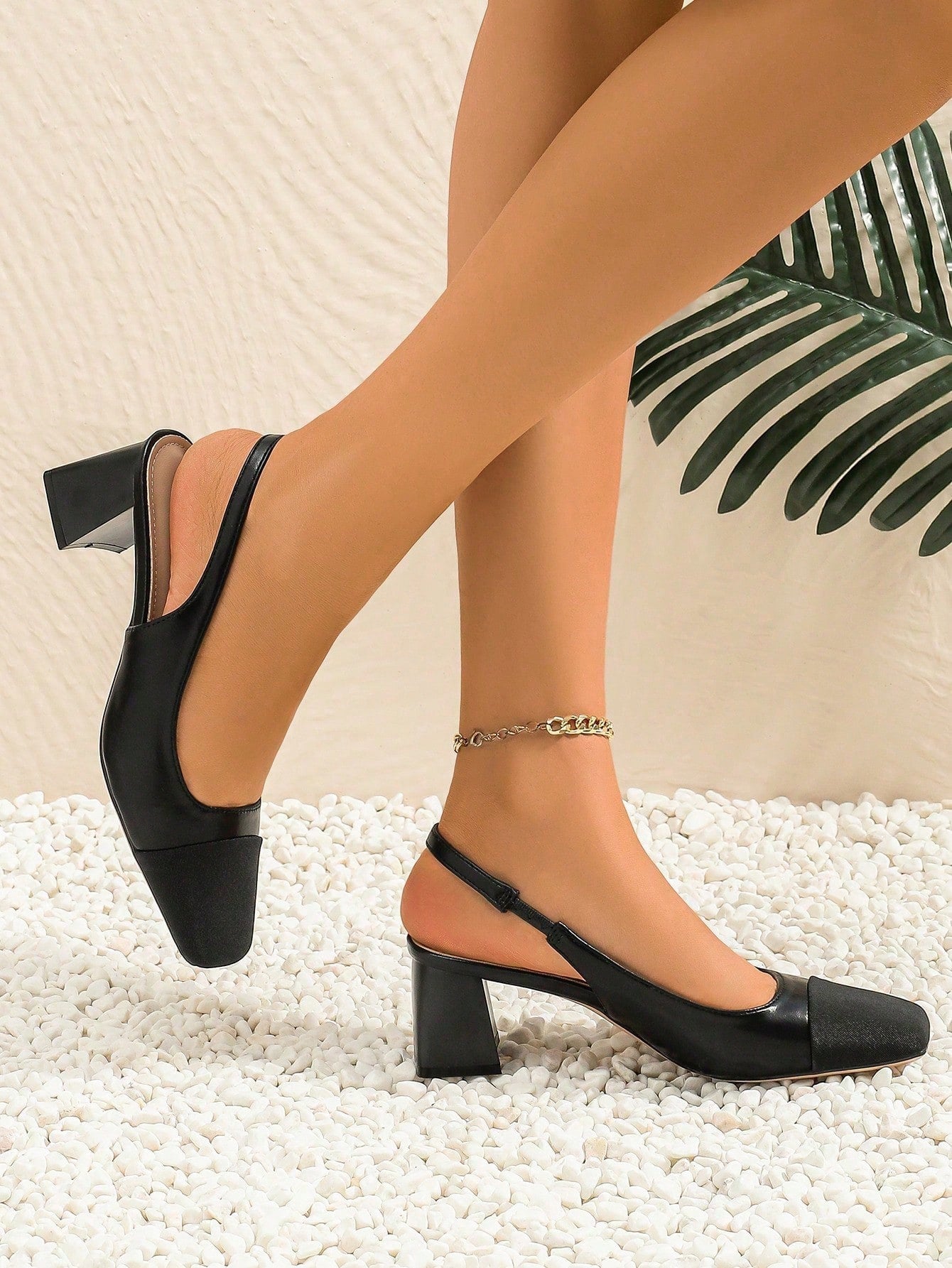 slingback square toe pumps with a textured front and a block heel black