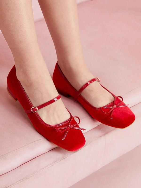 Red velvet Mary Jane ballet flats with bow, ankle strap and low block heel for women