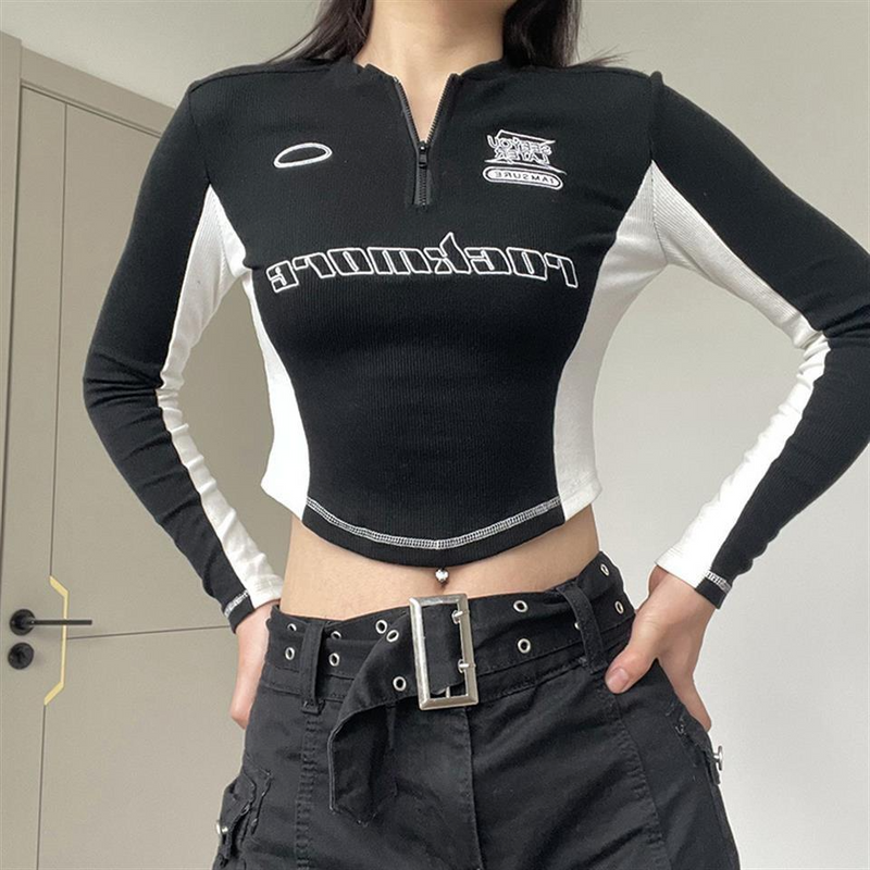 Racing Jacket Contrast Printed Zipper Short Jacket Women Crop Top