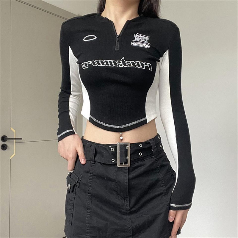 Racing Jacket Contrast Printed Zipper Short Jacket Women Crop Top