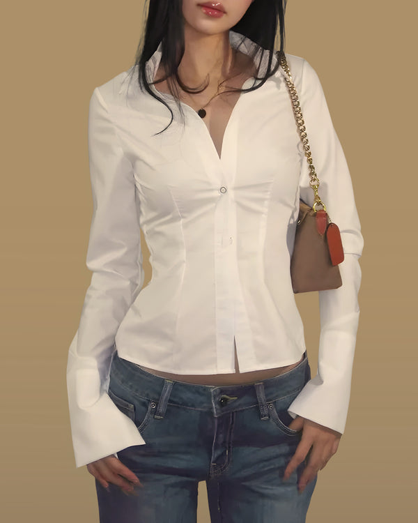 White women's long sleeve blouse featuring back lace-up corset tie, flared bell cuffs, buttoned front, slim fit