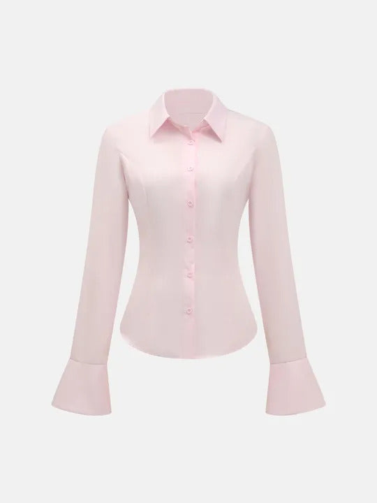 Pink women's long sleeve blouse featuring back lace-up corset tie, flared bell cuffs, buttoned front, slim fit